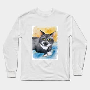 Pet portrait of tuxedo cat. Watercolor drawing Long Sleeve T-Shirt